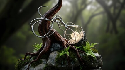 Mysterious forest entity with twisted horn and vines