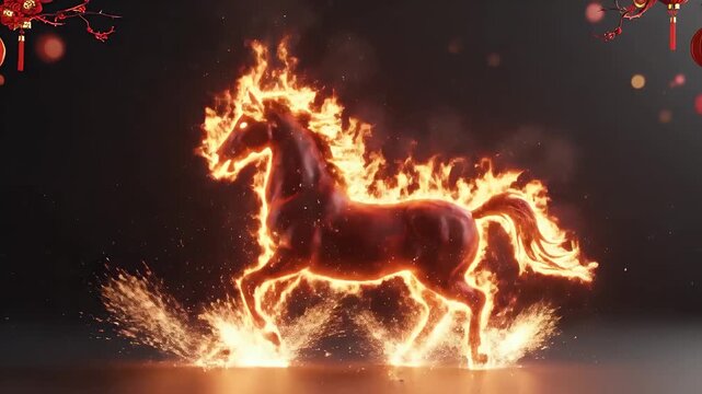 A majestic fire horse gallops dynamically with flames and sparks against a dark, festive background, symbolizing power and energy.