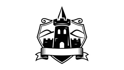 Medieval Castle Tower Shield Emblem with Blank Ribbon Banner