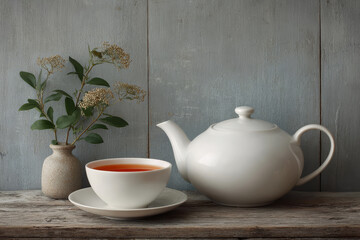 Сup of Tea and Teapot on a Table, Still Life. Black, Herbal or Green Chinese Tea	