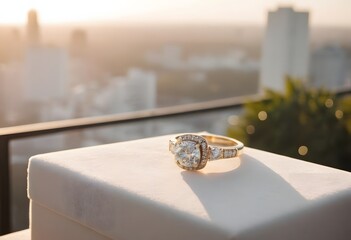 Diamond engagement ring in a velvet box, romantic proposal concept for Valentines Day, macro shot, generative ai