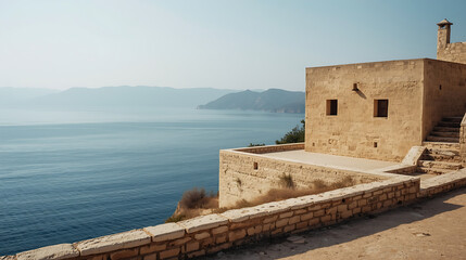 A rustic stone house perched on a cliff overlooks a calm blue sea in a serene Mediterranean coastal landscape, characterized by minimal architecture and weathered beige walls with small square windows