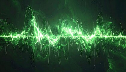 Abstract glowing green energy wave against a dark background, sparkling and dynamic