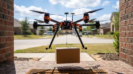 Naklejka premium Commercial delivery drone hovering and dropping a cardboard package at a suburban house doorstep.