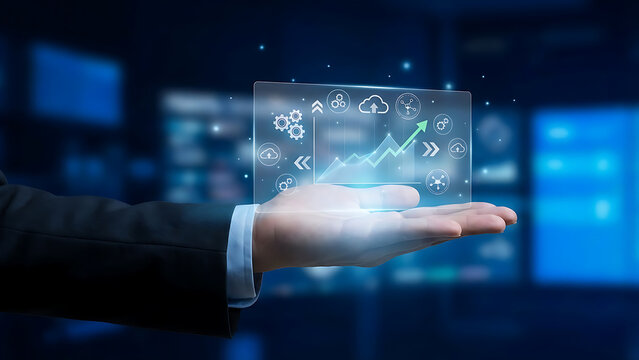 Businessman presenting virtual data and graphs on his palm in a futuristic office environment with technology and innovation concepts - Powered by Adobe