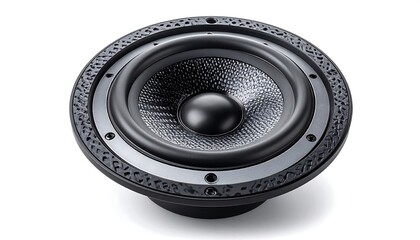 A close-up view of a black speaker cone with a textured surface, surrounded by a decorative rim and hardware