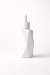 Premium geometric serum container, matte white finish, contemporary cosmetic packaging, elegant lighting,