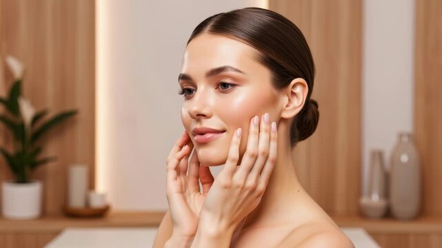 A young woman with glowing skin gently touching her face. Natural beauty model with a perfect complexion after a spa treatment. Skincare and wellness concept