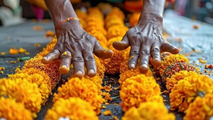 Artisan creates vibrant marigold garlands for cultural events, a time-honored tradition