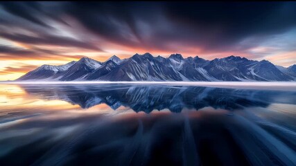 A captivating landscape photograph showcasing a breathtaking sunset over a mountain range reflected in a calm lake. The sky is painted with a fiery palette of oranges, reds, and blues.