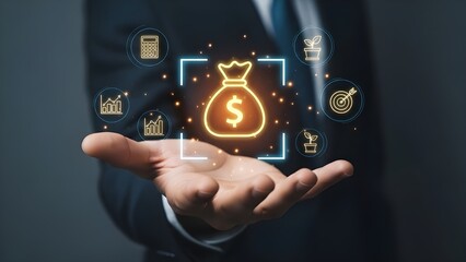 A businessman's hand displaying a glowing money bag surrounded by financial and growth icons
