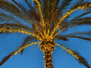 warmly lit palm with spiraled bulbs creates inviting holiday resort ambiance under dusk sky