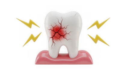 Tooth with cracked root and pain on transparent background