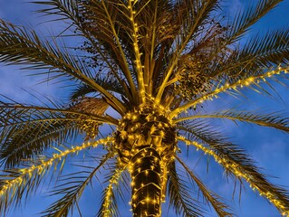 energetic festival scene showcasing lit palm centerpiece silhouetted against deep blue sky