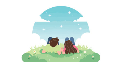 Cartoon People Sitting Together Outside.