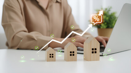 Miniature wooden house models symbolize growing property values alongside a rising digital graph indicating favorable investment returns.