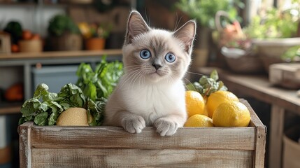Cute kitten in wooden crate with lemons and herbs