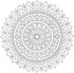 Mandala design, symmetrical pattern, spiritual art, black and white, concentric circles, floral motif, meditation symbol, ornate geometry, harmony, balance