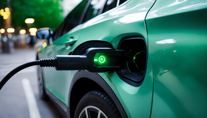 Naklejka premium Electric vehicle charging plug connected to car with green light indicator