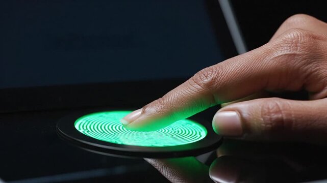 A finger presses a glowing green circular button on a sleek black device