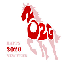 Holiday card Happy New Year 2026. Stylized image of a fire horse according to the Eastern Chinese calendar. Astrological New Year.	
