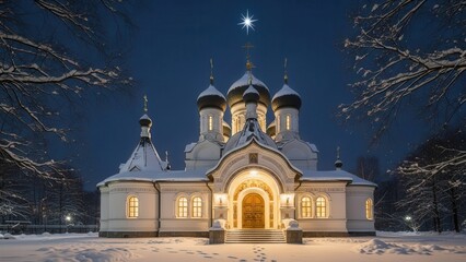 Festive Orthodox Church Interior with Decorated Christmas Tree, Iconostasis, and Lit Candles