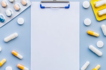 Vitamin supplements arranged around a blank clipboard on a blue background, creating a clean and organized workspace with copy space for notes