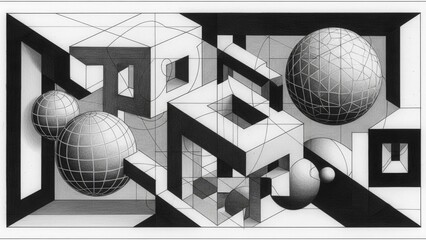 Abstract Geometric Composition: Cubes, Spheres, and Lines in Isometric Perspective Drawing