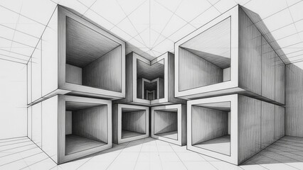 Abstract architectural drawing of geometric cubes in perspective, pencil sketch art