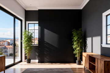 Modern Minimalist Living Room with Black Accent Wall