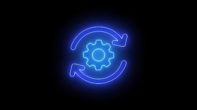 A blue glowing neon sign featuring a gear and camera icon illustrates a modern business technology concept for film and video web design