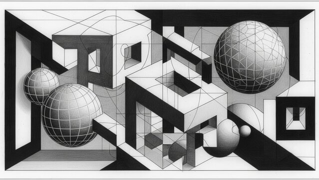 Abstract Geometric Composition: Cubes, Spheres, and Lines in Isometric Perspective Drawing - Powered by Adobe