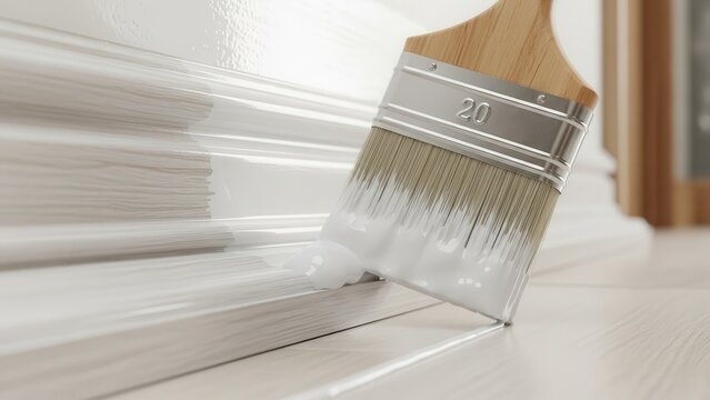Close-up of a Paintbrush Applying White Paint to a Wooden Baseboard During Home Renovation