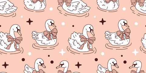 Seamless vector pattern with cute cartoon swans wearing cute bows on their necks. Repeating illustration with outlines, perfect for children designs, textiles, wrapping paper, stationery and wallpaper