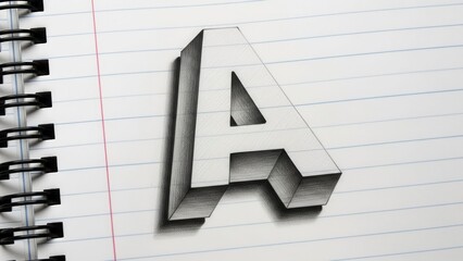 3D Letter A Drawing on Lined Notebook Paper with Pencil Shading