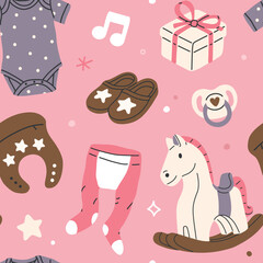 Seamless vector pattern with cute cartoon toys. Repeating illustration with clothes and toys, perfect for children designs, textiles, wrapping paper, stationery and wallpapers.