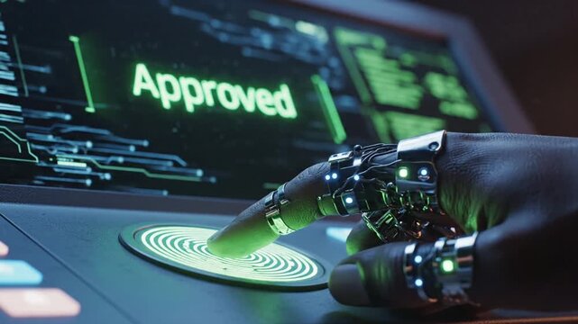 A robotic hand presses a glowing approval button on a futuristic digital interface with neon green accents