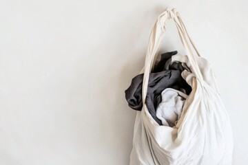 Reusable donation bag filled with assorted clothes hanging against a plain background, showcasing sustainable fashion and eco-friendly practices with copy space