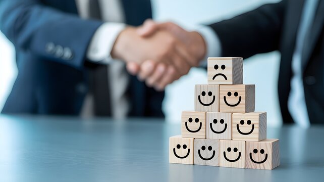 Handshake between professionals with stacked smiling-cube pyramid representing customer retention and loyalty.