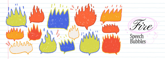 Fire speech bubbles with funky crayon flames. Hand drawn charcoal sketch silhouettes for bold messages. School doodle dialog talk balloons in a comic style with childish pencil texture text boxes.