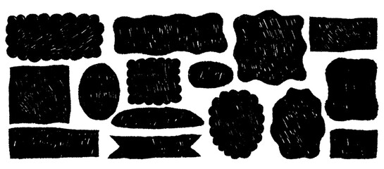 Black punk crayon drawn text boxes. Bold funky freehand pencil frames for text emphasis. Vector doodle chalk shapes with rough charcoal texture. Sketch square, rectangle, oval blackboard bg for notes.