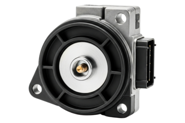 Metal automotive electronic sensor component with black plug isolated on a transparent background