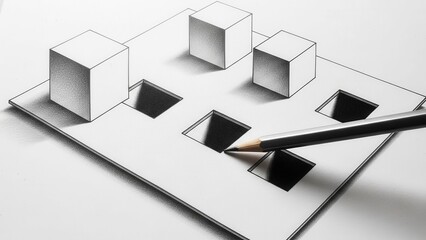 Fototapeta premium Optical Illusion Drawing: 3D Cubes Floating Above Paper Grid with Pencil