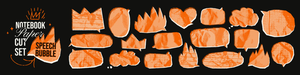 Plakat Funky paper cut speech bubbles with halftone texture.Crumpled scrapbook elements for emphasis text. Irregular cutout dialogue talk balloons.Bold comic collage clouds, hearts, crowns, fire, rectangles.