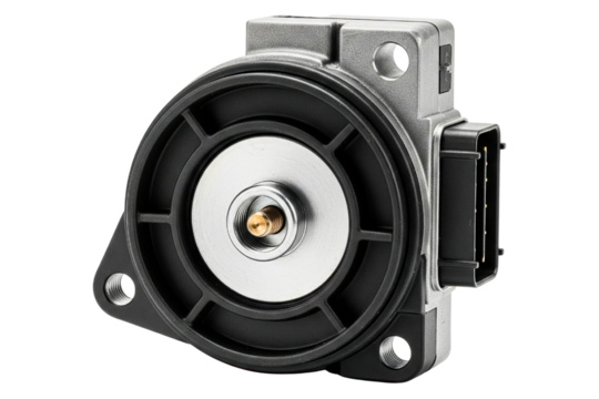 Metal automotive electronic sensor component with black plug isolated on a transparent background - Powered by Adobe