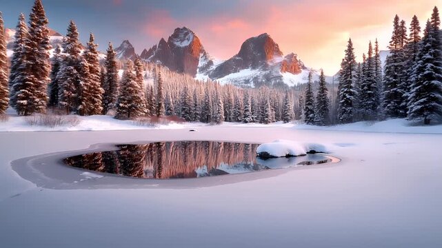 A serene winter landscape captured during sunset with snowcovered trees and mountains. The sky is painted in hues of orange, pink, and purple, reflecting on the calm waters below.