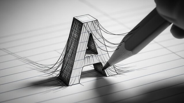 Hand drawing 3D letter A with pencil, sketch on lined paper, creative design concept - Powered by Adobe
