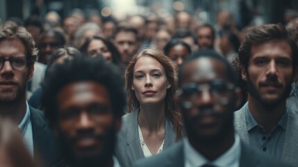 A diverse crowd of professionals walks together through an urban setting, displaying various attire and expressions. The professionals appear engaged in conversation and activities
