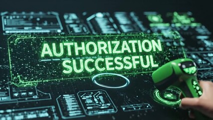 A hand holding a green game controller with a neon green 'AUTHORIZATION SUCCESSFUL' message on a futuristic digital circuit board background - Powered by Adobe