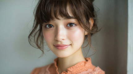 オレンジ色のブラウスを着て茶髪をふんわりとまとめ前髪を下ろした若い女性